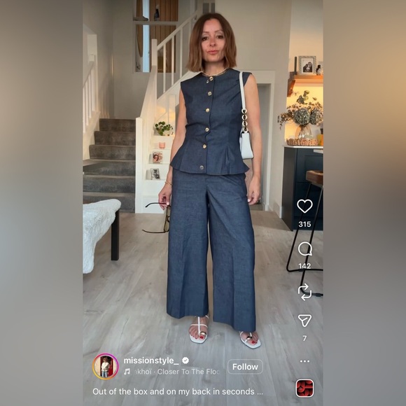 Tailored Sleeveless Button-Front Denim Vest & Wide-Leg Pants Set - Denim - Picture 13 of 15